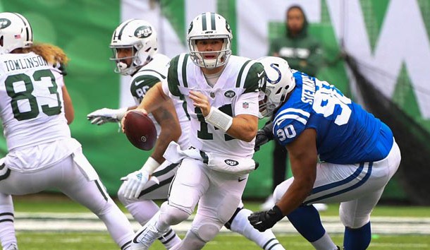Oct 14, 2018; East Rutherford, NJ, USA; New York Jets quarterback Sam Darnold (14) runs for yards in the 4th quarter against the Indianapolis Colts at MetLife Stadium. Photo Credit: Robert Deutsch-USA TODAY Sports