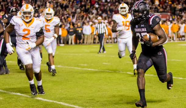 Oct 27, 2018; Columbia, SC, USA; South Carolina Gamecocks running back Ty'Son Williams (27) scores a touchdown against the Tennessee Volunteers in the second half at Williams-Brice Stadium. Photo Credit: Jeff Blake-USA TODAY Sports