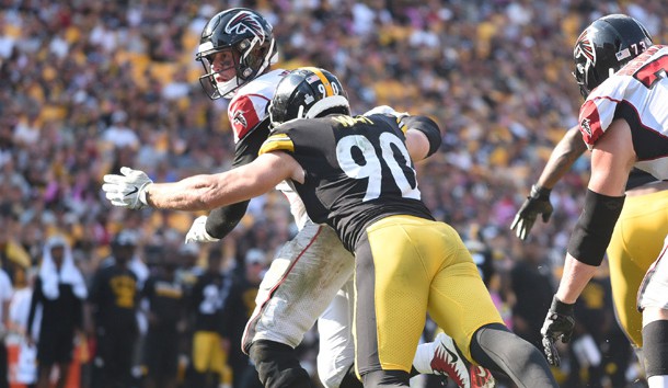 Oct 7, 2018; Pittsburgh, PA, USA; Pittsburgh Steelers linebacker T.J. Watt (90) pressures Atlanta Falcons quarterback Matt Ryan (2) in the fourth quarter at Heinz Field. The Steelers won 41-17. Photo Credit: Philip G. Pavely-USA TODAY Sports