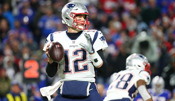 Oct 29, 2018; Orchard Park, NY, USA; New England Patriots quarterback Tom Brady (12) drops back to pass against the Buffalo Bills during the first quarter at New Era Field. Photo Credit: Rich Barnes-USA TODAY Sports