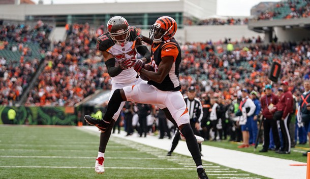 Oct 28, 2018; Cincinnati, OH, USA; Cincinnati Bengals wide receiver A.J. Green (18) catches a pass for a touchdown against Tampa Bay Buccaneers cornerback Carlton Davis (33) at Paul Brown Stadium. Photo Credit: Aaron Doster-USA TODAY Sports