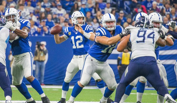 Nov 18, 2018; Indianapolis, IN, USA; Indianapolis Colts quarterback Andrew Luck (12) drops back to pass the ball in the second quarter against the Tennessee Titans at Lucas Oil Stadium. Photo Credit: Trevor Ruszkowski-USA TODAY Sports