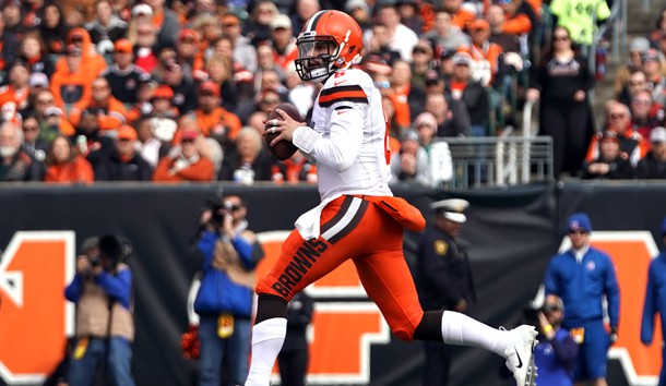 Nov 25, 2018; Cincinnati, OH, USA; Cleveland Browns quarterback Baker Mayfield (6) looks to pass against the Cincinnati Bengals in the first half at Paul Brown Stadium. Photo Credit: Aaron Doster-USA TODAY Sports