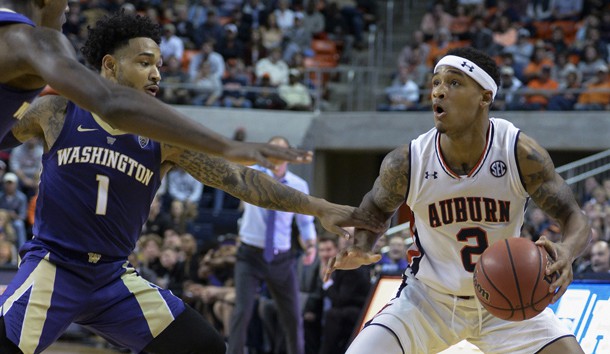 Nov 9, 2018; Auburn, AL, USA; Washington Huskies guard David Crisp (1) defends against Auburn Tigers guard Bryce Brown (2) at Auburn Arena. Photo Credit: Julie Bennett-USA TODAY Sports