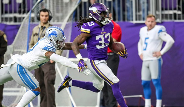 Nov 4, 2018; Minneapolis, MN, USA; Minnesota Vikings running back Dalvin Cook (33) carries the ball during the second quarter against the Detroit Lions at U.S. Bank Stadium. Photo Credit: Brace Hemmelgarn-USA TODAY Sports