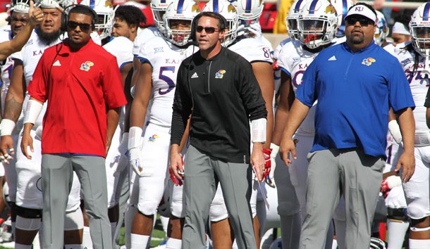 Oct 20, 2018; Lubbock, TX, USA; Kansas Jayhawks head coach David Beaty (center) looks on from the sidelines during the game against the Texas Tech Red Raiders at Jones AT&T Stadium. Photo Credit: Michael C. Johnson-USA TODAY Sports