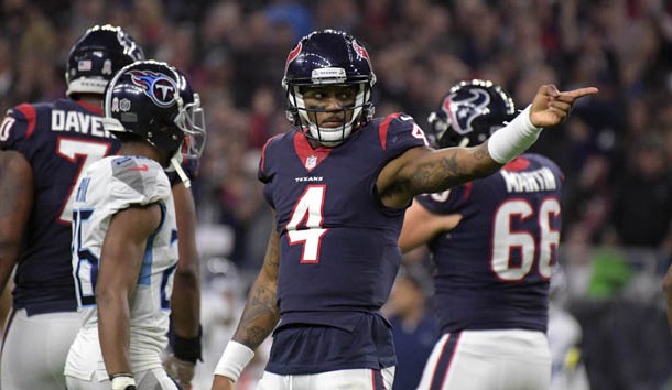 Nov 26, 2018; Houston, TX, USA; Houston Texans quarterback Deshaun Watson (4) gestures for a first down after a 34-yard run against the Tennessee Titans in the fourth quarter at NRG Stadium. The Texans defeated the Titans 34-17. Photo Credit: Kirby Lee-USA TODAY Sports