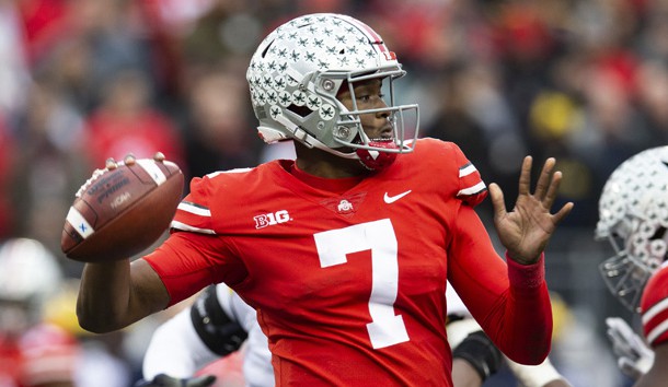 Nov 24, 2018; Columbus, OH, USA; Ohio State Buckeyes quarterback Dwayne Haskins (7) throws a pass against the Michigan Wolverines at Ohio Stadium. Photo Credit: Greg Bartram-USA TODAY Sports