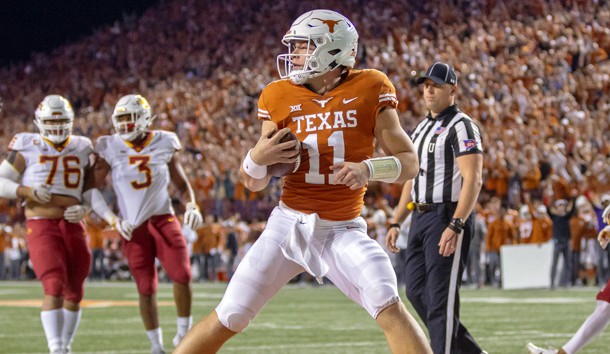 Nov 17, 2018; Austin, TX, USA; Texas Longhorns quarterback Sam Ehlinger (11) looks to the official confirm the touchdown against the Iowa State Cyclones during the first quarter at Darrell K Royal-Texas Memorial Stadium. Photo Credit: John Gutierrez-USA TODAY Sports
