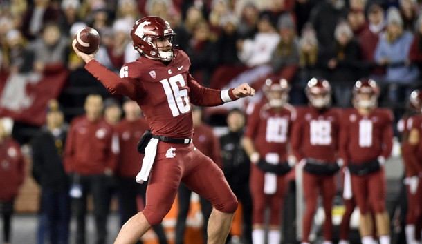Nov 3, 2018; Pullman, WA, USA; Washington State Cougars quarterback Gardner Minshew (16) flings the ball for a completion during a football game against the California Golden Bears in the first half at Martin Stadium. Photo Credit: James Snook-USA TODAY Sports