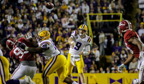 Nov 3, 2018; Baton Rouge, LA, USA; LSU Tigers quarterback Joe Burrow (9) throws against the Alabama Crimson Tide during the third quarter at Tiger Stadium. Photo Credit: Derick E. Hingle-USA TODAY Sports