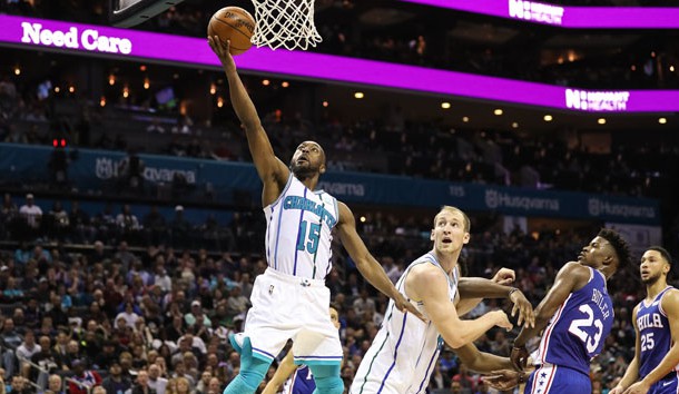 Nov 17, 2018; Charlotte, NC, USA; Charlotte Hornets guard Kemba Walker (15) goes up for a layup against the Philadelphia 76ers during the second half at Spectrum Center. Photo Credit: Jim Dedmon-USA TODAY Sports