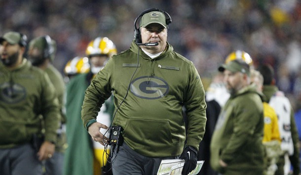 Nov 4, 2018; Foxborough, MA, USA; Green Bay Packers head coach Mike McCarthy on the sideline during the third quarter against the New England Patriots at Gillette Stadium. Photo Credit: Stew Milne-USA TODAY Sports