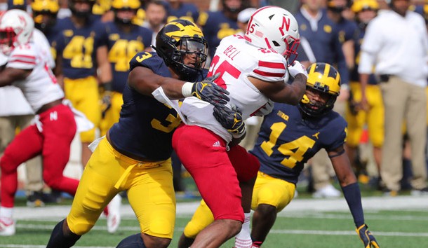 Sep 22, 2018; Ann Arbor, MI, USA; Michigan defenders Rashan Gary, left, and Josh Metellus tackle Nebraska running back Greg Bell during the first half at Michigan Stadium. Photo Credit: Kirthmon F. Dozier/Detroit Free Press via USA TODAY Sports