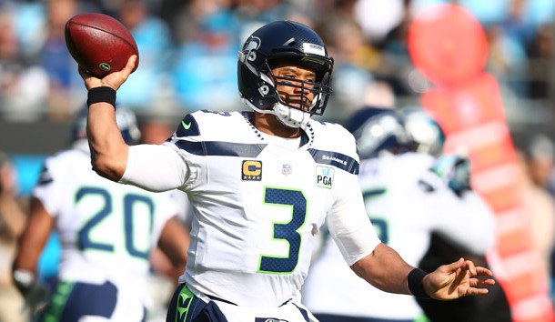 Nov 25, 2018; Charlotte, NC, USA; Seattle Seahawks quarterback Russell Wilson (3) passes the ball in the second quarter against the Carolina Panthers at Bank of America Stadium. Photo Credit: Jeremy Brevard-USA TODAY Sports