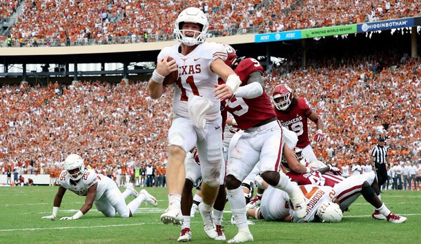 Oct 6, 2018; Dallas, TX, USA; Texas Longhorns quarterback Sam Ehlinger (11) runs for a touchdown during the first half against the Oklahoma Sooners at the Cotton Bowl. Photo Credit: Kevin Jairaj-USA TODAY Sports