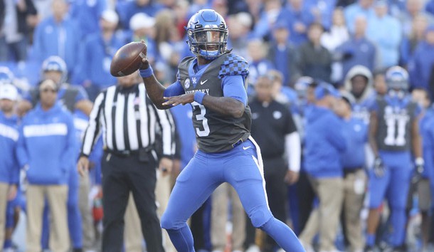 Nov 3, 2018; Lexington, KY, USA; Kentucky Wildcats quarterback Terry Wilson (3) drops back to pass the ball against the Georgia Bulldogs in the second half at Kroger Field. Photo Credit: Mark Zerof-USA TODAY Sports