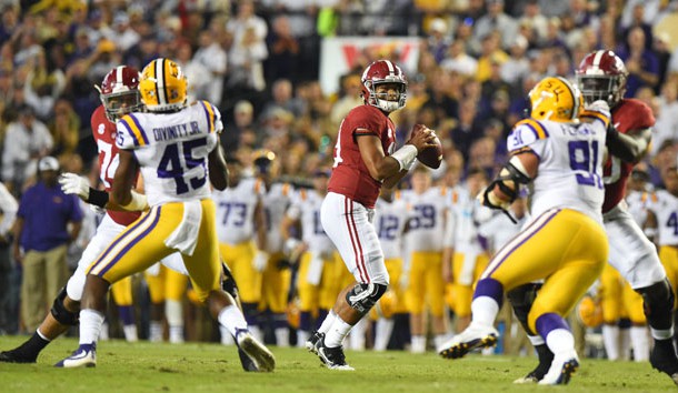 Nov 3, 2018; Baton Rouge, LA, USA; Alabama Crimson Tide quarterback Tua Tagovailoa (13) drops back to pass against the LSU Tigers during the first quarter at Tiger Stadium. Photo Credit: John David Mercer-USA TODAY Sports