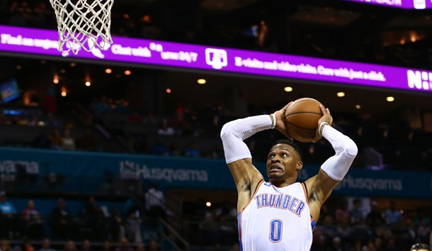 Nov 1, 2018; Charlotte, NC, USA; Oklahoma City Thunder guard Russell Westbrook (0) goes up for a dunk in the first half against the Charlotte Hornets at Spectrum Center. Photo Credit: Jeremy Brevard-USA TODAY Sports