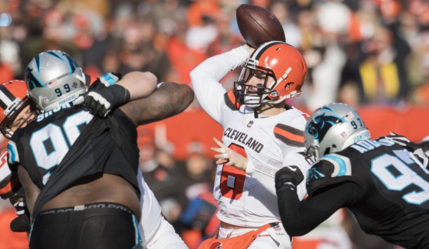 Dec 9, 2018; Cleveland, OH, USA; Cleveland Browns quarterback Baker Mayfield (6) throws a pass during the first quarter against the Carolina Panthers at FirstEnergy Stadium. Photo Credit: Ken Blaze-USA TODAY Sports