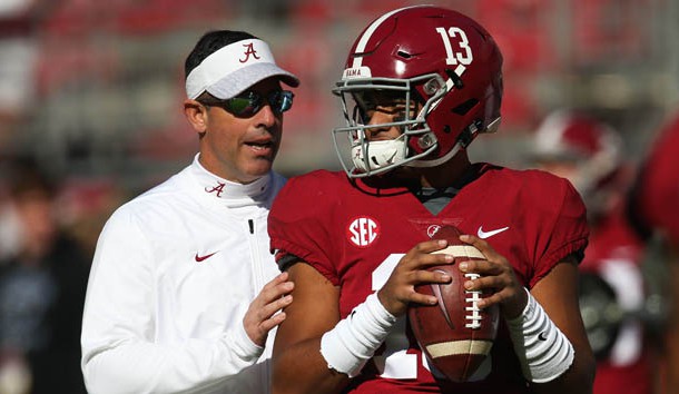 Nov 17, 2018; Tuscaloosa, AL, USA; Alabama Crimson Tide quarterback Tua Tagovailoa (13) talks to offensive coordinator Dan Enos prior to the game against Citadel Bulldogs at Bryant-Denny Stadium. Photo Credit: Marvin Gentry-USA TODAY Sports