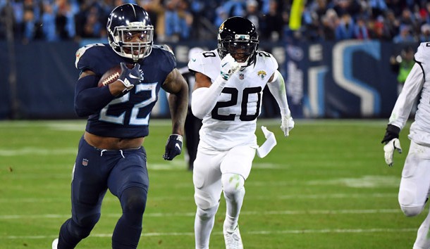Dec 6, 2018; Nashville, TN, USA; Tennessee Titans running back Derrick Henry (22) runs for a touchdown during the second half against the Jacksonville Jaguars at Nissan Stadium. Photo Credit: Christopher Hanewinckel-USA TODAY Sports