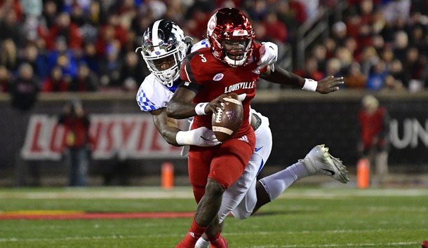 Nov 24, 2018; Louisville, KY, USA; Kentucky Wildcats linebacker Josh Allen (41) tackles Louisville Cardinals quarterback Malik Cunningham (3) during the second quarter at Cardinal Stadium. Kentucky defeated Louisville 56-10. Photo Credit: Jamie Rhodes-USA TODAY Sports