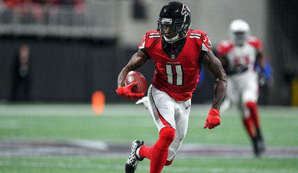 Dec 16, 2018; Atlanta, GA, USA; Atlanta Falcons wide receiver Julio Jones (11) runs after a catch against the Arizona Cardinals during the first half at Mercedes-Benz Stadium. Photo Credit: Dale Zanine-USA TODAY Sports