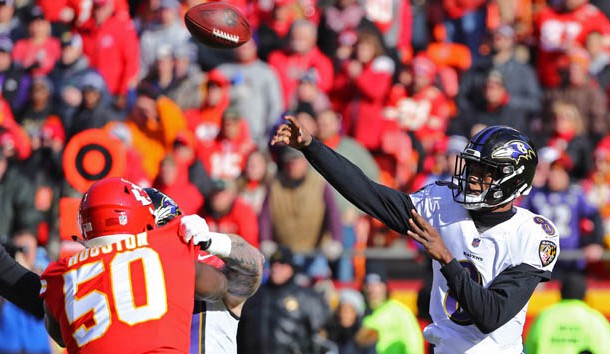 Dec 9, 2018; Kansas City, MO, USA; Baltimore Ravens quarterback Lamar Jackson (8) throws a pass against the Kansas City Chiefs in the first half at Arrowhead Stadium. Photo Credit: Jay Biggerstaff-USA TODAY Sports