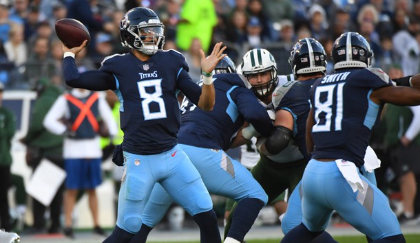 Dec 2, 2018; Nashville, TN, USA; Tennessee Titans quarterback Marcus Mariota (8) attempts a pass during the first half against the New York Jets at Nissan Stadium. Photo Credit: Christopher Hanewinckel-USA TODAY Sports