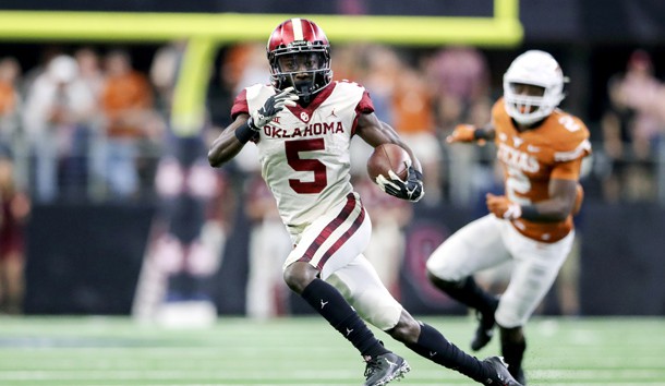 Dec 1, 2018; Arlington, TX, USA; Oklahoma Sooners wide receiver Marquise Brown (5) runs during the game against the Texas Longhorns in the Big 12 Championship game at AT&T Stadium. Photo Credit: Kevin Jairaj-USA TODAY Sports