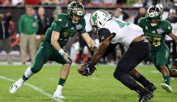 Dec 20, 2018; St. Petersburg, FL, USA; Marshall Thundering Herd defensive lineman Darius Hodge (44) recovers a fumble from South Florida Bulls quarterback Blake Barnett (11) during the first quarter in the 2018 Gasparilla Bowl at Tropicana Field. Photo Credit: Kim Klement-USA TODAY Sports