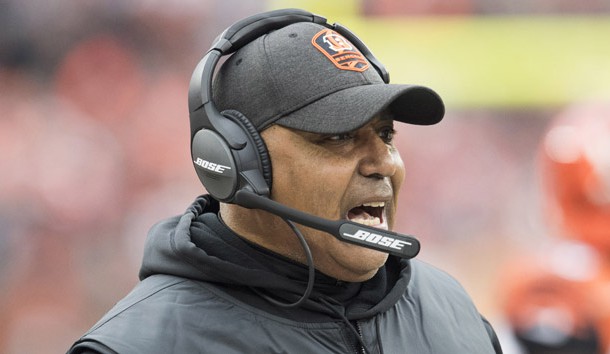Dec 23, 2018; Cleveland, OH, USA; Cincinnati Bengals head coach Marvin Lewis yells from the sideline during the first half against the Cleveland Browns at FirstEnergy Stadium. Photo Credit: Ken Blaze-USA TODAY Sports