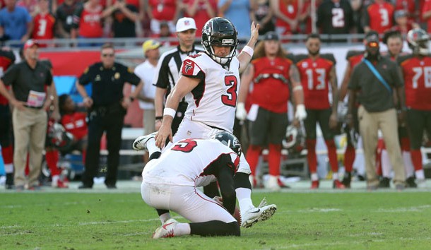 Dec 30, 2018; Tampa, FL, USA; Atlanta Falcons kicker Matt Bryant (3) kicks the game winning 37-yard field goal as Atlanta Falcons punter Matt Bosher (5) holds the ball against the Tampa Bay Buccaneers as time expires to end the game at Raymond James Stadium. Photo Credit: Kim Klement-USA TODAY Sports