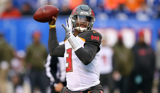 Nov 18, 2018; East Rutherford, NJ, USA; Tampa Bay Buccaneers quarterback Jameis Winston (3) drops back to pass during the second half against the New York Giants at MetLife Stadium. Photo Credit: Vincent Carchietta-USA TODAY Sports