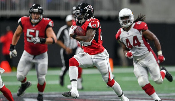 Dec 16, 2018; Atlanta, GA, USA; Atlanta Falcons running back Tevin Coleman (26) runs against the Arizona Cardinals during the second half at Mercedes-Benz Stadium. Photo Credit: Dale Zanine-USA TODAY Sports