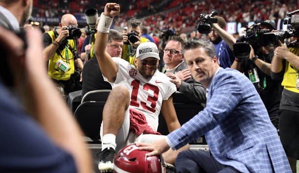 Dec 1, 2018; Atlanta, GA, USA; Alabama Crimson Tide quarterback Tua Tagovailoa (13) is carted off after defeating the Georgia Bulldogs in the SEC championship game at Mercedes-Benz Stadium. Photo Credit: Jason Getz-USA TODAY Sports