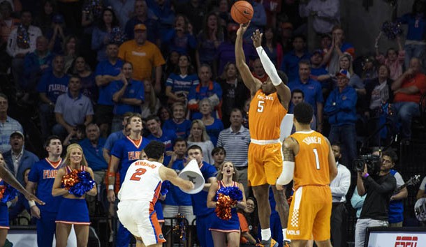 Jan 12, 2019; Gainesville, FL, USA; Tennessee Volunteers guard Admiral Schofield (5) shoots a three pointer in front of Florida Gators guard Andrew Nembhard (2) during the second half at Exactech Arena. Photo Credit: Douglas DeFelice-USA TODAY Sports