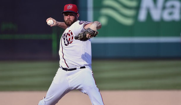 Sep 3, 2018; Washington, DC, USA; Washington Nationals relief pitcher Greg Holland (56) throws to the St. Louis Cardinals during the tenth inning at Nationals Park. Photo Credit: Brad Mills-USA TODAY Sports