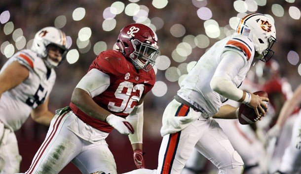 Nov 24, 2018; Tuscaloosa, AL, USA; Alabama Crimson Tide defensive lineman Quinnen Williams (92) pressures Auburn Tigers quarterback Jarrett Stidham (8) during the second half at Bryant-Denny Stadium. Photo Credit: Marvin Gentry-USA TODAY Sports