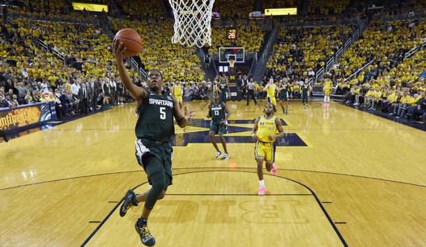 Feb 24, 2019; Ann Arbor, MI, USA; Michigan State Spartans guard Cassius Winston (5) goes to the basket in the first half against the Michigan Wolverines at Crisler Center. Photo Credit: Rick Osentoski-USA TODAY Sports