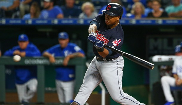 Sep 27, 2018; Kansas City, MO, USA; Cleveland Indians third baseman Jose Ramirez (11) bats against the Kansas City Royals at Kauffman Stadium. Photo Credit: Jay Biggerstaff-USA TODAY Sports