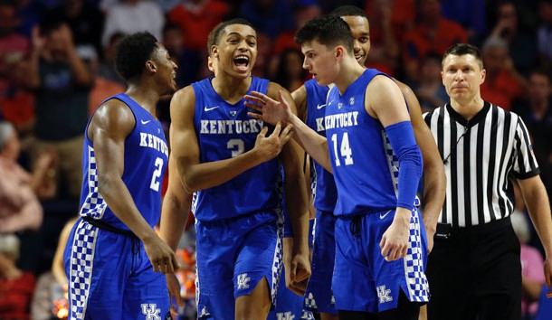 Feb 2, 2019; Gainesville, FL, USA; Kentucky Wildcats guard Keldon Johnson (3), guard Ashton Hagans (2), guard Tyler Herro (14), forward PJ Washington (25) celebrate against the Florida Gators during the second half at Exactech Arena. Photo Credit: Kim Klement-USA TODAY Sports