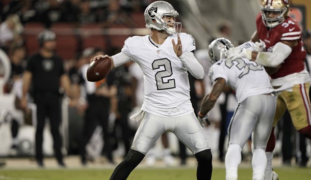 Nov 1, 2018; Santa Clara, CA, USA; Oakland Raiders quarterback AJ McCarron (2) prepares to throw the ball against the San Francisco 49ers during the fourth quarter at Levi's Stadium. Photo Credit: Stan Szeto-USA TODAY Sports