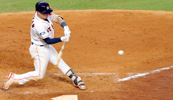 Oct 16, 2018; Houston, TX, USA; Houston Astros third baseman Alex Bregman (2) doubles in a run in the fifth inning against the Boston Red Sox of game three of the 2018 ALCS playoff baseball series at Minute Maid Park. Photo Credit: Erik Williams-USA TODAY Sports