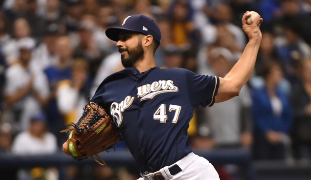 Oct 12, 2018; Milwaukee, WI, USA; Milwaukee Brewers starting pitcher Gio Gonzalez (47) delivers a pitch during the first inning against the Los Angeles Dodgers in game one of the 2018 NLCS playoff baseball series at Miller Park. Photo Credit: Benny Sieu-USA TODAY Sports