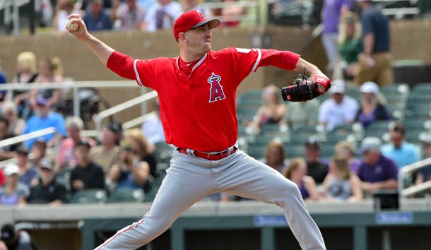 Mar 6, 2019; Salt River Pima-Maricopa, AZ, USA; Los Angeles Angels starting pitcher Matt Harvey (33) throws during the first inning against the Colorado Rockies at Salt River Fields at Talking Stick. Photo Credit: Matt Kartozian-USA TODAY Sports