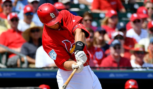 Mar 11, 2019; Jupiter, FL, USA; St. Louis Cardinals first baseman Paul Goldschmidt (46) doubles in two runs in the third inning of the spring training game against the Washington Nationals at Roger Dean Chevrolet Stadium. Photo Credit: Jasen Vinlove-USA TODAY Sports