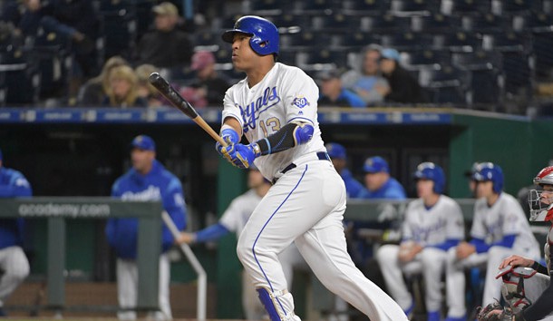Sep 28, 2018; Kansas City, MO, USA; Kansas City Royals designated hitter Salvador Perez (13) hits a one run single in the ninth inning against the Cleveland Indians at Kauffman Stadium. Cleveland won 14-6. Photo Credit: Denny Medley-USA TODAY Sports