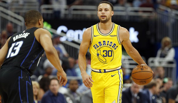 Feb 28, 2019; Orlando, FL, USA; Golden State Warriors guard Stephen Curry (30) drives to the basket as Orlando Magic guard Isaiah Briscoe (13) defends during the first quarter at Amway Center. Photo Credit: Kim Klement-USA TODAY Sports